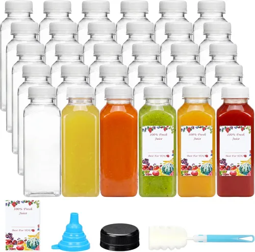 Vista 15 de SUPERLELE - 10 botellas de plástico para jugo de 12 onzas con tapas azules y negras