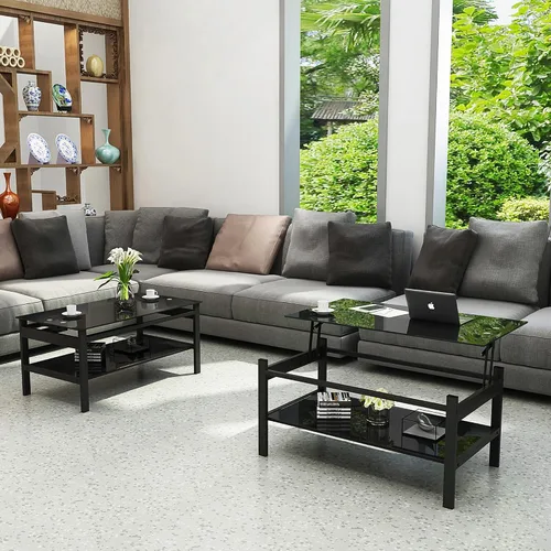 Vista 3 de Mesa de centro elevable con almacenamiento, mesas de centro modernas de vidrio negro para sala de estar, 37.8 pulgadas rectangular de vidrio