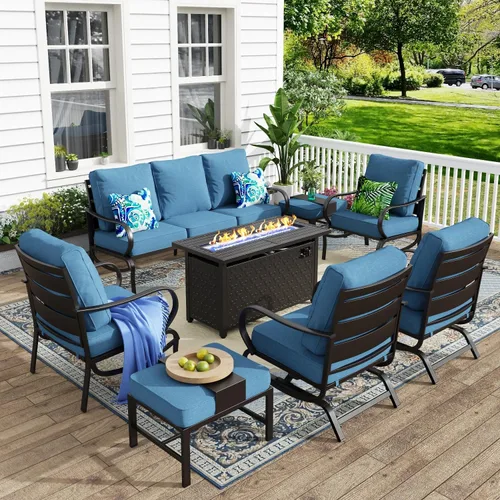 Vista 9 de MFSTUDIO Juego de 4 piezas de conversación para patio, marco de metal para todo tipo de clima, muebles de exterior con 1 mesa rectangular de propano