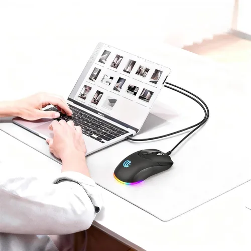 Vista 7 de Ratón con cable, ratón USB para computadora de 1600 DPI, mouse óptico móvil de diseño ergonómico con cable para computadora portátil, PC