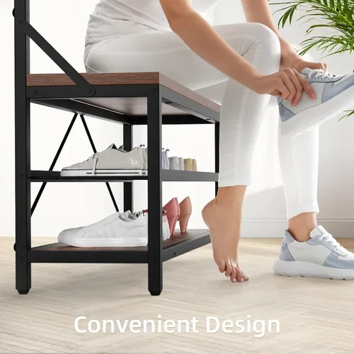 Vista 6 de Amyove Perchero grande para zapatos, banco de zapatos, zapatero de árbol para entrada, estante de almacenamiento de 3 niveles y ganchos extraíbles