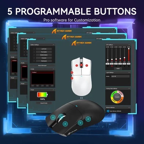 Vista 8 de ATTACK SHARK X11 Ratón inalámbrico ligero para juegos con base de carga RGB, Tri-Mode-2.4G/USB-C con cable/BT, 22K DPI, sensor óptico PAW3311