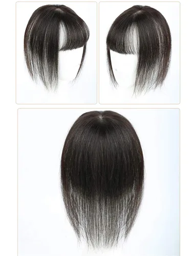 Vista 3 de Toppers de cabello humano con clip, 2.8x3.9 in, extensiones de pelo con flequillo para mujer, línea de cabello natural, 6 pulgadas, marrón oscuro