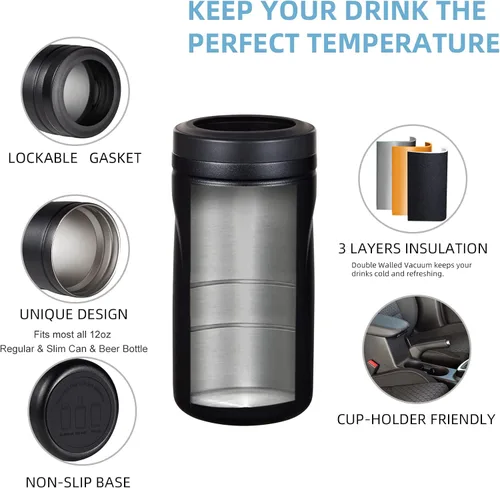 Vista 4 de COKTIK 4 en 1 enfriador de latas aislado, enfriador de latas delgadas de doble pared para latas de 12 oz regulares o delgadas y botellas de cerveza