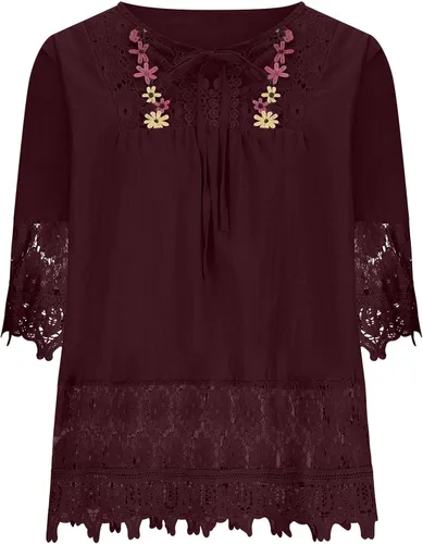 Vista 5 de Blusas de algodón y lino con lazo para mujer, estilo vintage, de encaje, retazos, media manga, elegante, con bordado, top elegante