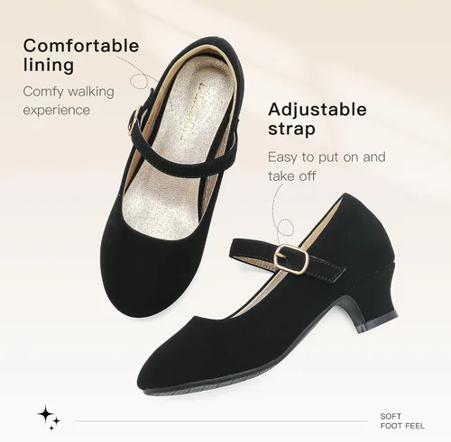 Vista 3 de Dufannie Zapatos de vestir para niñas, zapatos de tacón bajo de princesa, zapatos planos con purpurina para bodas y fiestas