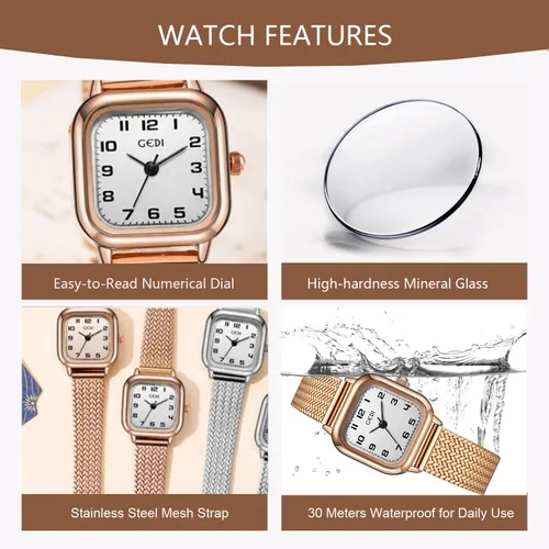 Vista 5 de Reloj cuadrado de oro rosa para mujer con esfera de números arábigos pequeños, pulsera de acero inoxidable, movimiento de cuarzo, resistente al agua