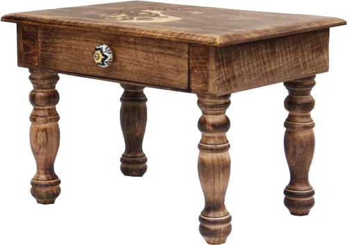 Vista 9 de DharmaObjects Mesa de meditación de altar del santuario de Puja tallada a mano de madera maciza de mango (flor de vida)