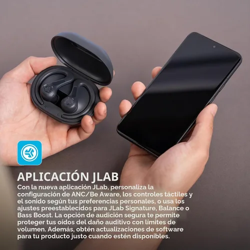 Vista 6 de JLab JBuds Sport ANC 4 True Wireless Bluetooth Audífonos + Estuche de Carga, Grafito, Controles de Deslize + Toque, Cancelación Activa de Ruido