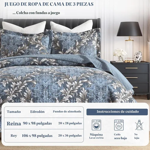 Vista 6 de Juego de edredón 100% algodón tamaño Queen de 3 piezas, edredón floral de damasco con 2 fundas, colcha acolchada floral vintage, ropa de cama ligera