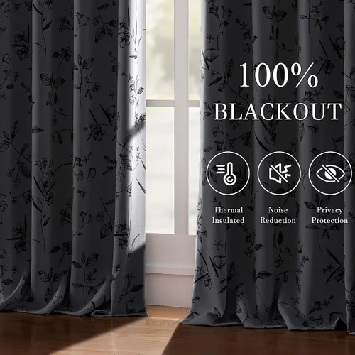 Vista 2 de ChrisDowa Cortinas florales 100% opacas de 63 pulgadas de largo, 2 paneles para dormitorio, sala de estar, estampado de flores negras