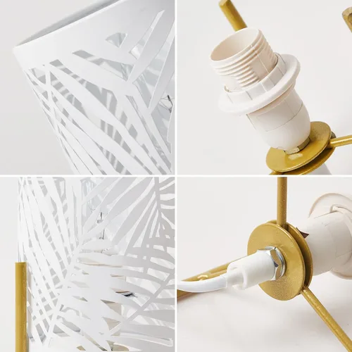 Vista 6 de Lámpara de mesa decorativa, soporte dorado de trípode con pantalla hueca de metal blanco, luz nocturna para mesita, E12 40W, sin bombilla Blanco-33
