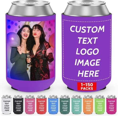 Vista 25 de Valyria Fundas enfriadoras de latas personalizadas, 1 unidad, plegable, aislante, soporte para bebidas con logotipo, imagen, texto para aniversario