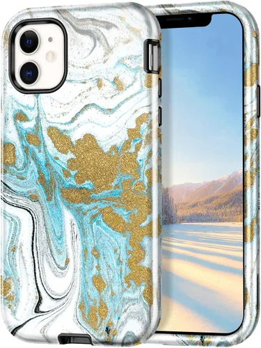 Vista 13 de CASEFIV Funda compatible con iPhone 11, patrón de mármol 3 en 1, resistente a prueba de golpes y caídas, cuerpo completo, policarbonato duro