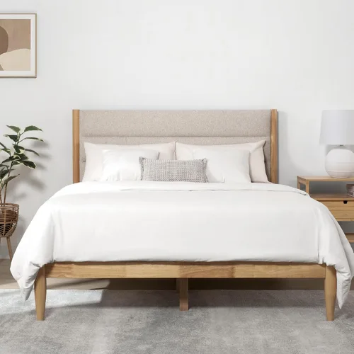 Vista 8 de KISLOT Marco de cama de madera con cabecero tapizado, base de plataforma para colchón, soporte de listones de madera resistente, no necesita somier