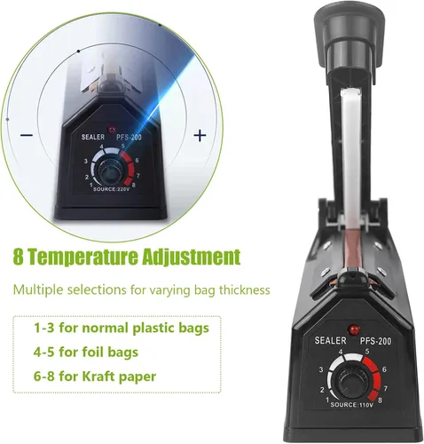 Vista 4 de Sellador térmico por impulso de 8 pulgadas, máquina de sellado térmico manual de bolsas de polietileno, selladora térmica para bolsas de plástico