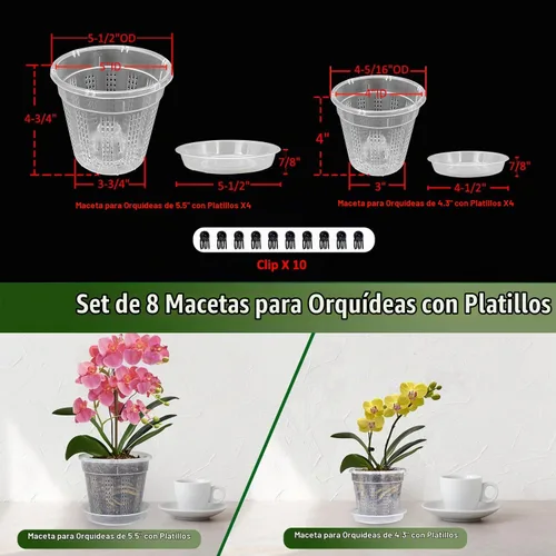 Vista 5 de Maceta de orquídeas con platillos, 4 de cada una de 4.3" y 5.5" macetas de orquídeas con agujeros, 8 piezas de macetas de plástico transparente