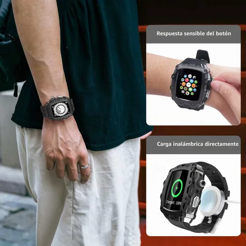 Vista 5 de Funda de metal de lujo con correa para Apple Watch Series 9, 8, 7, 1.772 pulgadas, SE 6, 5, 4, 1.732 pulgadas, protector de pantalla resistente Negro