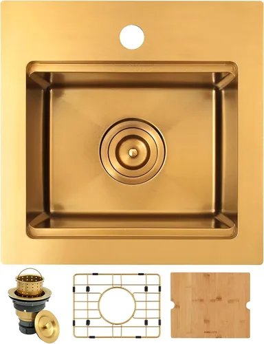 Vista 12 de Fregadero de barra dorada de 13 x 15 pulgadas, fregaderos de cocina dorados de acero inoxidable SUS304 de calibre 16 con accesorios, fregadero