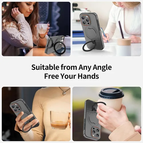 Vista 3 de Funda protectora para iPhone 15 Pro diseñada con anillo magnético, compatible con MagSafe, funda protectora de doble capa para iPhone 15 Pro, Negro