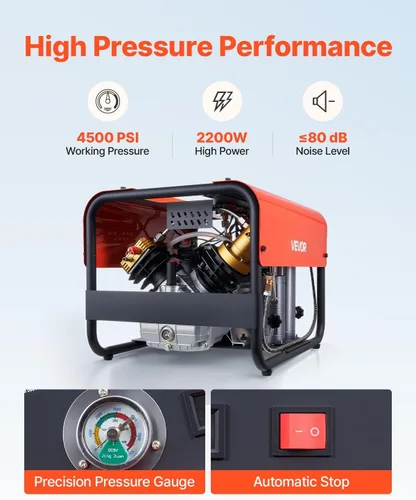 Vista 5 de VEVOR Compresor de Aire PCP, Compresor de Aire para Tanque de Buceo de 4500 PSI/30 Mpa, Compresor de Buceo PCP de Doble Cilindro con Parada