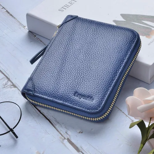 Vista 2 de Easyoulife Billetera Tarjetero de Tarjetas de Crédito para Mujer con Cremallera de Cuero Estuche para Tarjetas con Bloqueo RFID, Azul oscuro, medio