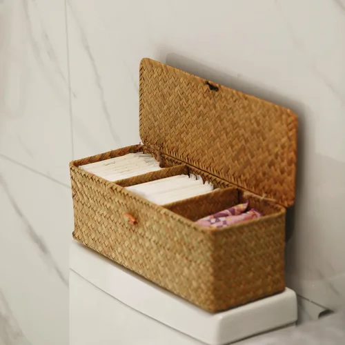 Vista 7 de DECRAFTS Cesta de almacenamiento de pastos marinos con tapa, rectangular, pequeña, tejida con secciones para organizar aperitivos, juguetes, tampón