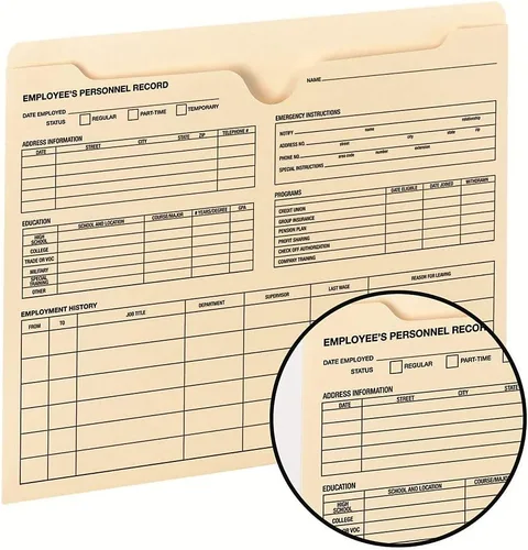 Vista 4 de Smead Archivador de registro de empleado, pestaña de corte recto reforzada, plana, sin expansión, tamaño carta, manila, 20 por paquete (77100)