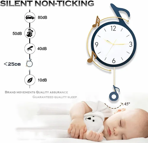 Vista 4 de Dankeit Reloj de pared decorativo de cuarzo con péndulo, funciona con pilas, arte de notas musicales para sala de estar, cocina, hogar, baño