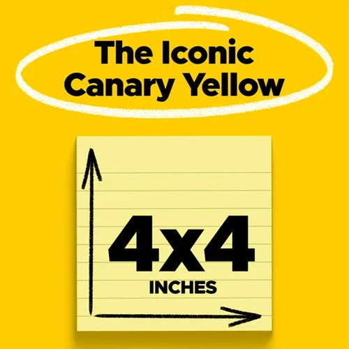 Vista 2 de Post-it Notas, 4 pulg. x 4 in., amarillo canario, forrado, 300 hojasbloc, 1 blocpaquete