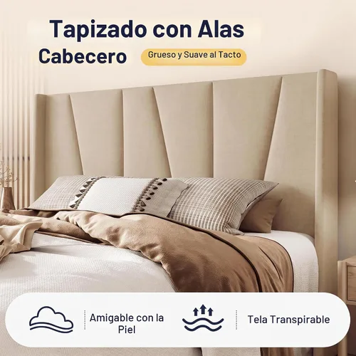Vista 4 de Allewie Base de cama de plataforma tamaño Queen con cabecera geométrica con respaldo de alas, cama tapizada bohemia con soporte de listones de Beige