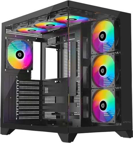 Vista 12 de Apevia Aurora-BK ATX Mid Tower - Carcasa para PC con 6 ventiladores PWM ARGB de 4.724 in 366 RGB Light Modes, 1x Glass/Mesh Front Panel, 1x Swivel