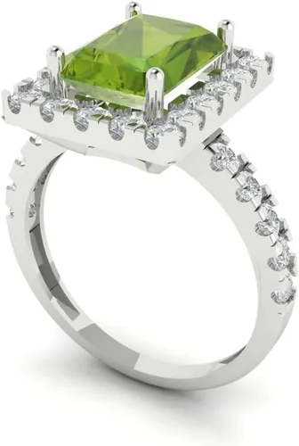 Vista 2 de Clara Pucci Anillo solitario de corte esmeralda de 3.90 quilates con halo de peridoto verde natural, promesa, aniversario, boda, oro blanco de 14 k