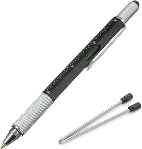 Vista 12 de Bolígrafo multifunción Tech-Tool con recambios de tinta, herramienta 6 en 1 con bolígrafo, lápiz táctil para pantalla, regla, nivel de burbuja Plata