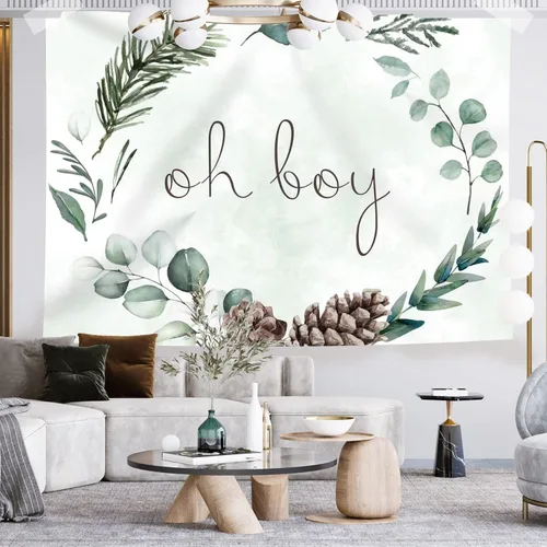 Vista 3 de Telón de fondo Oh Boy de 7 x 5 pies con vegetación para baby shower, fondo de fotografía de Navidad, hojas verdes, eucalipto botánico, decoración