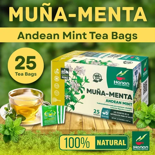 Vista 2 de Bolsas de té Hanan Muña – Té de hierbas de menta andina 100% natural de Perú, 25 bolsas de té tradicional de Muña del Perú, sin cafeína