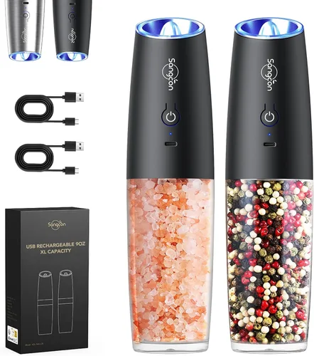 Vista 10 de Sangcon Gravity - Juego de molinillo eléctrico de sal y pimienta con agitador automático, molinillo con luz LED, FUNCIONA CON BATERÍAS, grosor