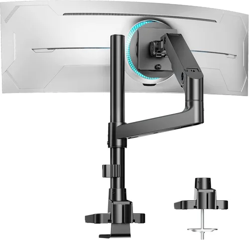 Vista 13 de ARES WING Soporte de escritorio con brazo de doble monitor para monitores ultraanchos de 17 a 49 pulgadas, soporte de monitor doble resistente