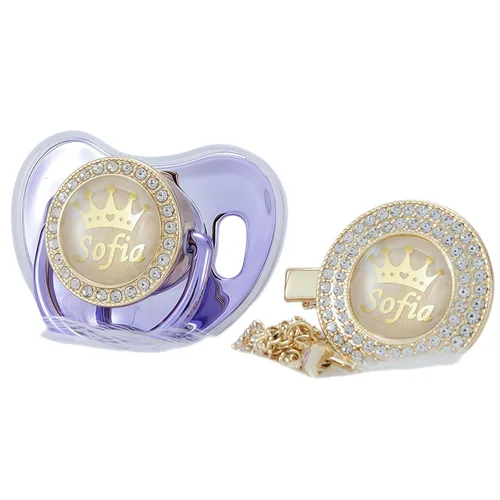 Vista 13 de Juego de Chupete y Clip Personalizado con Cualquier Nombre, Bling Oro Plata, 18 Colores, Libre de BPA, Diseño Único Lujoso, Chupete Ideal para Bebé