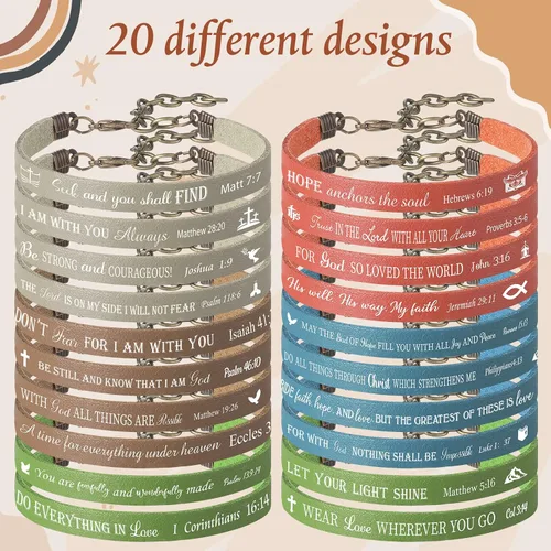 Vista 3 de Jeyiour 40 pulseras de versículo bíblico a granel, pulseras de cuero cristiano a granel, pulseras de citas de las Escrituras de la fe de Dios