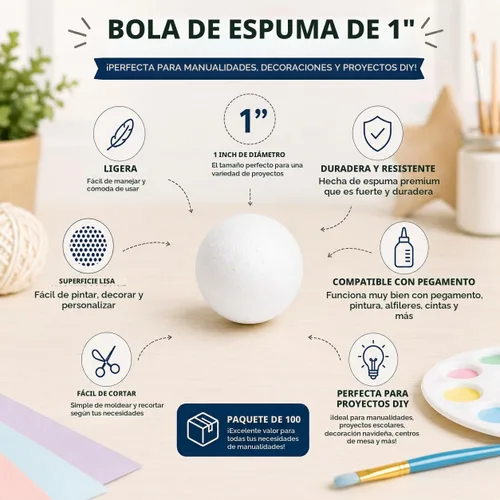 Vista 5 de Evershine Paquete de 100 bolas de espuma para manualidades de 1 pulgada, bolas de poliestireno de espuma lisas blancas para proyectos