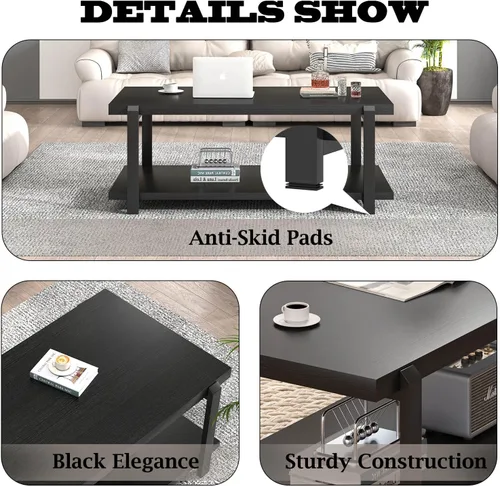 Vista 5 de FOLUBAN - Mesa de café negra, mesa de centro moderna de madera rústica con almacenamiento para sala de estar, mesa de té industrial de 2 niveles