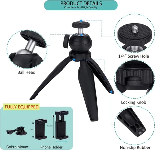 Vista 5 de Mini trípode para cámara con soporte para teléfono y soporte GoPro, cabezal de bola 360, negro, compatible con DSLR, GoPro, Smartphone, Webcam