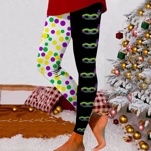 Vista 2 de sdbrld Leggings de lentejuelas Mardi Gras para mujer, leggings con estampado de Mardi Gras, pantalones de yoga de cintura alta, pantalones de fiesta