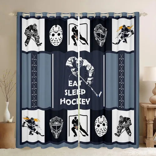 Vista 14 de Erosebridal Hockey Blackout Curtains for Boys,Blue and Black Sports Curtains & Drapes for Kids Teen,Ball Games Gamer Bedroom Decor,Ice Hockey Field