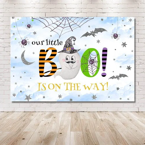 Vista 5 de MEHOFOND Fondo de Halloween de 7 x 5 pies para baby shower, fondo azul y plateado para fiesta de otoño, decoración de mesa, suministros