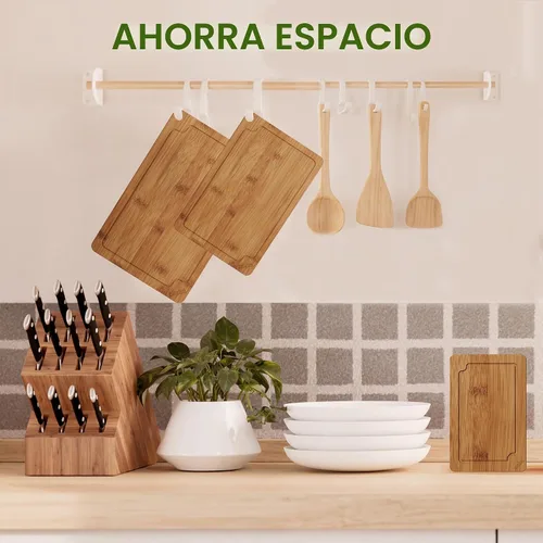 Vista 7 de Tablas de cortar de bambú para cocina, juego de tablas de cortar de madera con ranuras para jugo y asas integradas, tablas de cortar grande, mediana