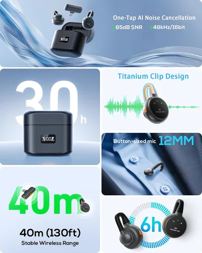 Vista 2 de Micrófono Lavalier inalámbrico para iPhone, iPad, Android - Enchufe USB-C con cancelación de ruido, mini micrófono de solapa con estuche de carga