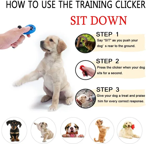 Vista 5 de Clicker de entrenamiento para perros con correa para la muñeca, duradero, ligero, fácil de usar, paquete de 2 (negro+azul nuevo)