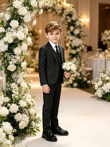 Vista 4 de Traje para niño, formal, ajustado, esmoquin, 5 piezas, traje de boda, blazer, pantalones, chaleco, trajes para niños